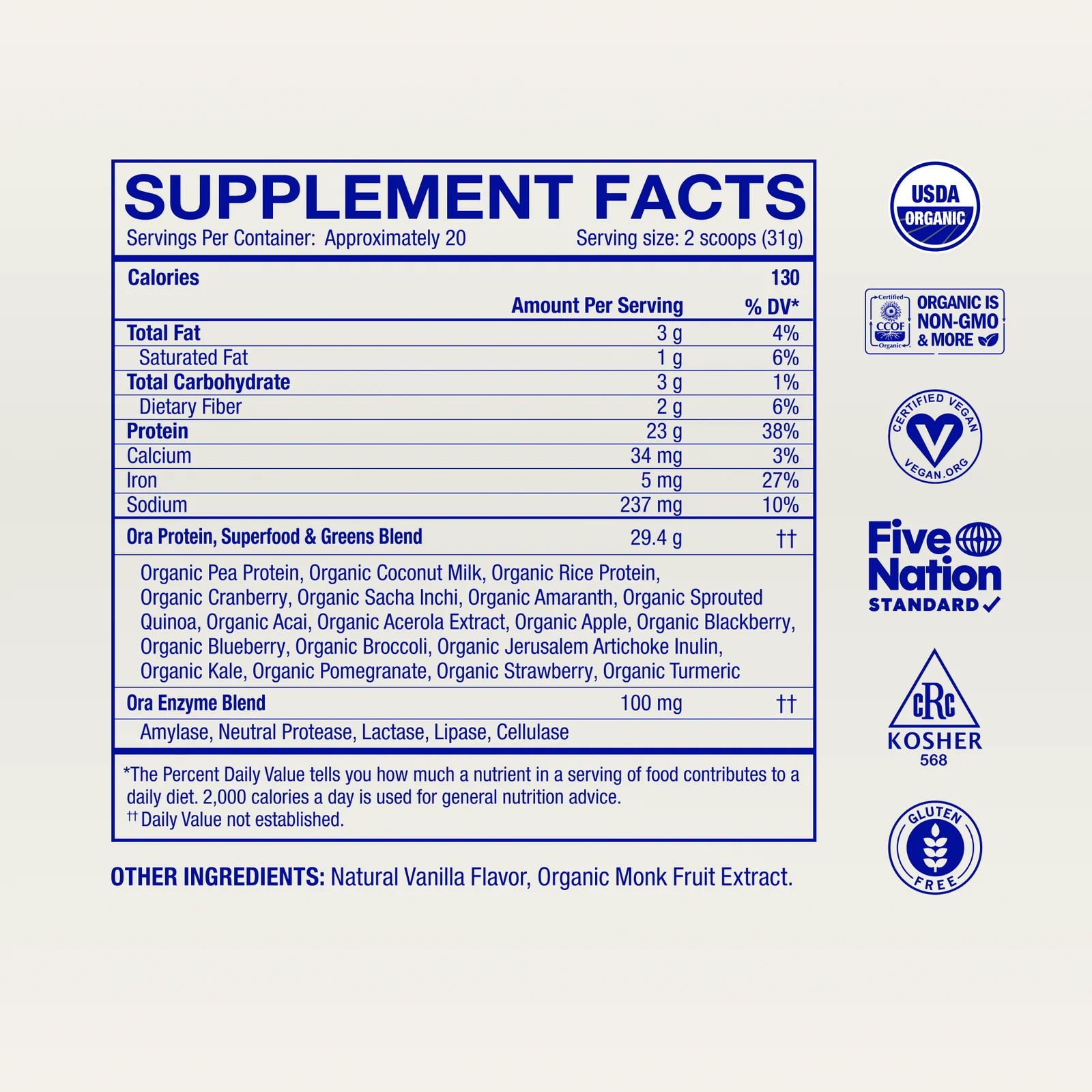 Ora Organic So Lean So Clean Chef-Crafted Organic Vegan Protein Powder